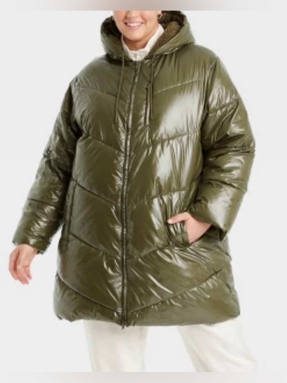 Women's Plus Size Mid Length Wet Look
Puffer Jacket - A New Day Green 2X